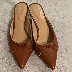 Lauren Ralph Lauren Tan Pointed-Toe Leather Bow Mules